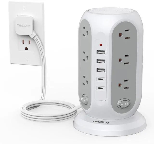 Main image of TESSAN Tower Power Strip Surge Protector, Flat Extension Cord 6 Ft, Grey | Individual Switches with 12 Outlets, 5 USB Ports(2 USB C), Flat Plug, Charging Station for Multiple Devices, Office, Dorm