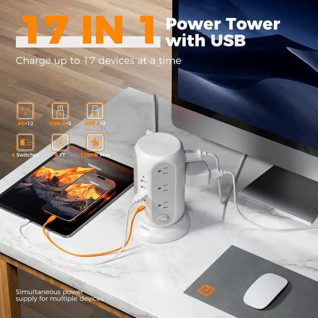 Alt view image 5 of 7 - TESSAN Tower Power Strip Surge Protector, Flat Extension Cord 6 Ft, Grey | Individual Switches with 12 Outlets, 5 USB Ports(2 USB C), Flat Plug, Charging Station for Multiple Devices, Office, Dorm