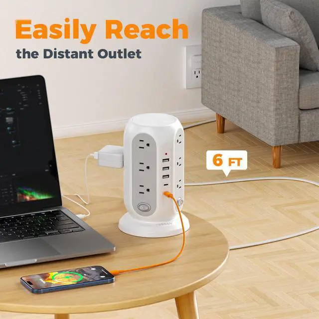 Alt view image 6 of 7 - TESSAN Tower Power Strip Surge Protector, Flat Extension Cord 6 Ft, Grey | Individual Switches with 12 Outlets, 5 USB Ports(2 USB C), Flat Plug, Charging Station for Multiple Devices, Office, Dorm