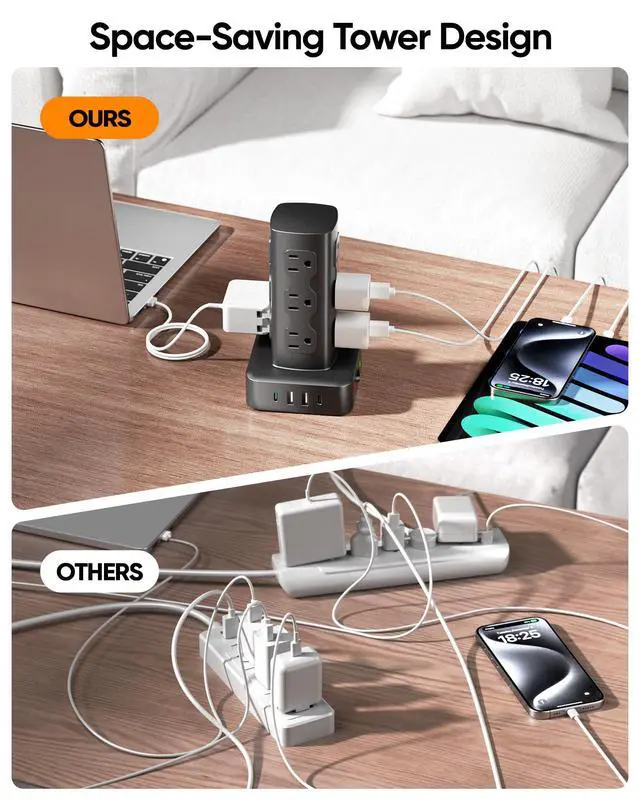 Alt view image 4 of 7 - ACOZVIN Power Strip Tower, 100W USB Charging Station Tower 12 AC Outlets | 8 USB Ports (4 USB C), 6 Ft Flat Plug Extension Cord with Multiple Outlets, Home Office Dorm Room Essentials, Black