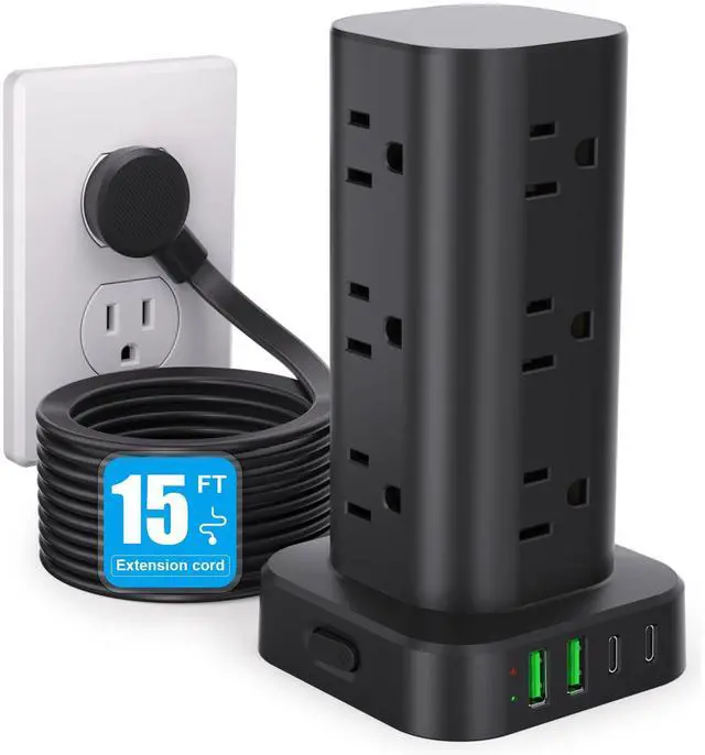 Main image of Power Strip Tower with Multiple Outlets, Flat Plug Surge Protector Tower Extension Cord with 12 AC Outlets 4 USB Ports (2 USB C), 15FT Cord Power Tower Surge Protector for Home Office Dorm Room, Black