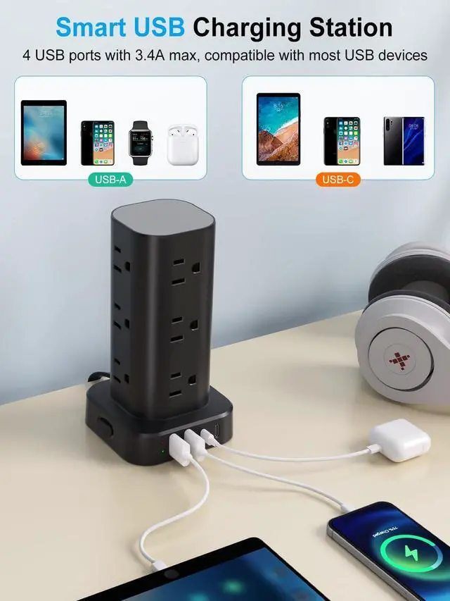 Alt view image 4 of 7 - Power Strip Tower with Multiple Outlets, Flat Plug Surge Protector Tower Extension Cord with 12 AC Outlets 4 USB Ports (2 USB C), 15FT Cord Power Tower Surge Protector for Home Office Dorm Room, Black