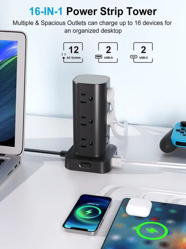 Alt view image 2 of 7 - Power Strip Tower with Multiple Outlets, Flat Plug Surge Protector Tower Extension Cord with 12 AC Outlets 4 USB Ports (2 USB C), 15FT Cord Power Tower Surge Protector for Home Office Dorm Room, Black