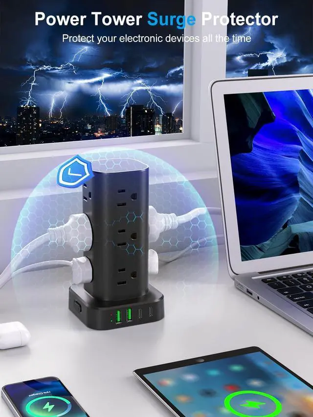 Alt view image 5 of 7 - Power Strip Tower with Multiple Outlets, Flat Plug Surge Protector Tower Extension Cord with 12 AC Outlets 4 USB Ports (2 USB C), 15FT Cord Power Tower Surge Protector for Home Office Dorm Room, Black
