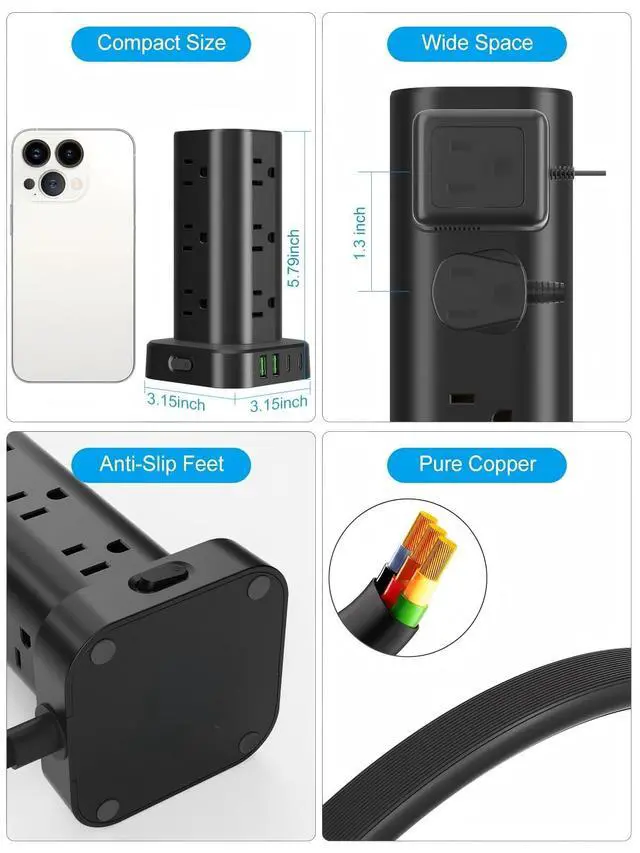 Alt view image 6 of 7 - Power Strip Tower with Multiple Outlets, Flat Plug Surge Protector Tower Extension Cord with 12 AC Outlets 4 USB Ports (2 USB C), 15FT Cord Power Tower Surge Protector for Home Office Dorm Room, Black