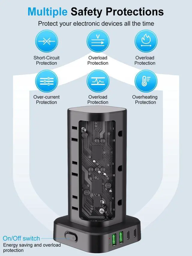 Alt view image 7 of 7 - Power Strip Tower with Multiple Outlets, Flat Plug Surge Protector Tower Extension Cord with 12 AC Outlets 4 USB Ports (2 USB C), 15FT Cord Power Tower Surge Protector for Home Office Dorm Room, Black