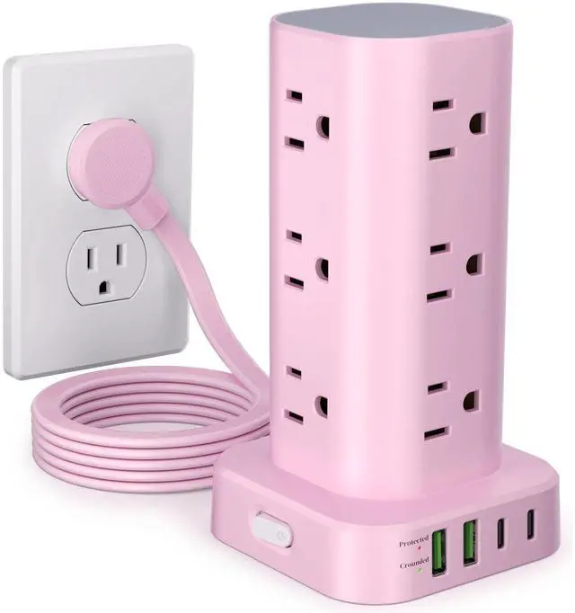 Main image of Power Strip Tower with Multiple Outlets, Flat Plug Surge Protector Tower Extension Cord with 12 AC Outlets 4 USB Ports (2 USB C), 6FT Cord Power Tower Surge Protector for Home Office Dorm Room, Pink