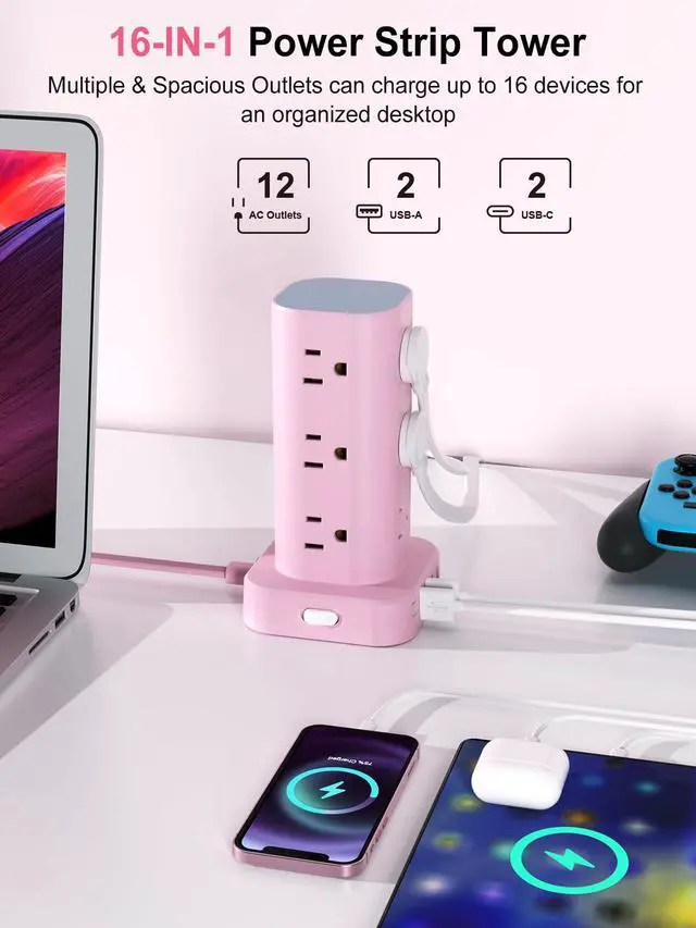 Alt view image 2 of 7 - Power Strip Tower with Multiple Outlets, Flat Plug Surge Protector Tower Extension Cord with 12 AC Outlets 4 USB Ports (2 USB C), 6FT Cord Power Tower Surge Protector for Home Office Dorm Room, Pink