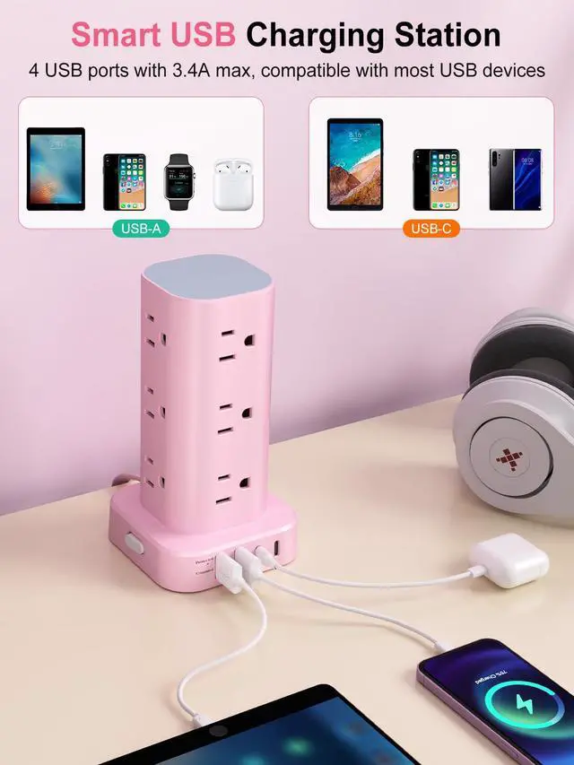 Alt view image 4 of 7 - Power Strip Tower with Multiple Outlets, Flat Plug Surge Protector Tower Extension Cord with 12 AC Outlets 4 USB Ports (2 USB C), 6FT Cord Power Tower Surge Protector for Home Office Dorm Room, Pink