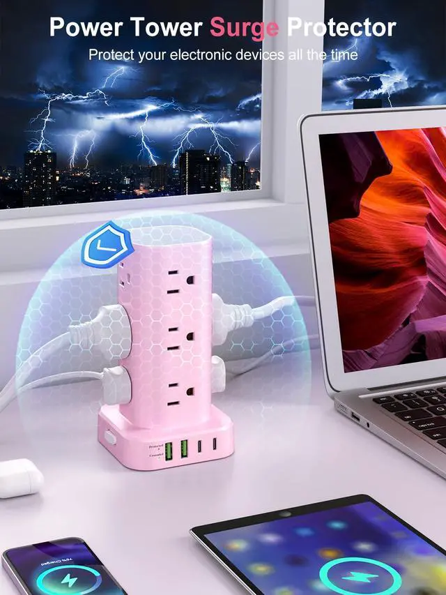 Alt view image 5 of 7 - Power Strip Tower with Multiple Outlets, Flat Plug Surge Protector Tower Extension Cord with 12 AC Outlets 4 USB Ports (2 USB C), 6FT Cord Power Tower Surge Protector for Home Office Dorm Room, Pink