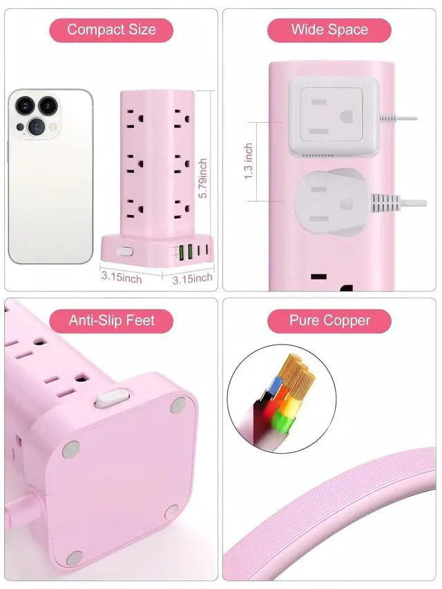 Alt view image 6 of 7 - Power Strip Tower with Multiple Outlets, Flat Plug Surge Protector Tower Extension Cord with 12 AC Outlets 4 USB Ports (2 USB C), 6FT Cord Power Tower Surge Protector for Home Office Dorm Room, Pink