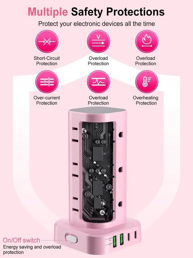 Alt view image 7 of 7 - Power Strip Tower with Multiple Outlets, Flat Plug Surge Protector Tower Extension Cord with 12 AC Outlets 4 USB Ports (2 USB C), 6FT Cord Power Tower Surge Protector for Home Office Dorm Room, Pink