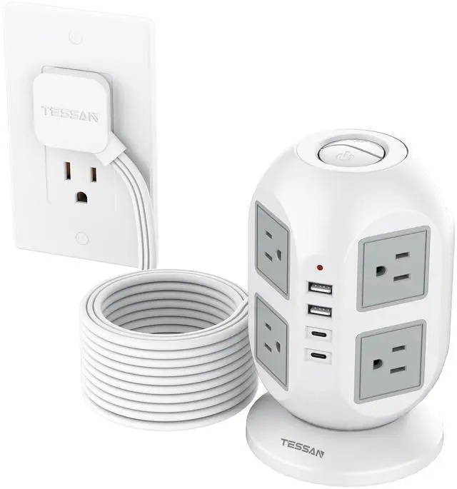 Main image of TESSAN Tower Surge Protector Power Strip, 10 ft Long Flat Extension Cord | 8 AC Outlets with 4 USB Ports (2 USB C), Charging Station with Surge Protection, for Home Office Dorm Room Essentials