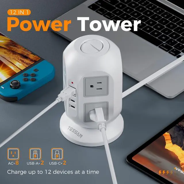 Alt view image 2 of 7 - TESSAN Tower Surge Protector Power Strip, 10 ft Long Flat Extension Cord | 8 AC Outlets with 4 USB Ports (2 USB C), Charging Station with Surge Protection, for Home Office Dorm Room Essentials