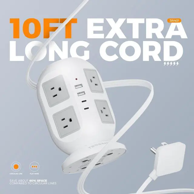 Alt view image 3 of 7 - TESSAN Tower Surge Protector Power Strip, 10 ft Long Flat Extension Cord | 8 AC Outlets with 4 USB Ports (2 USB C), Charging Station with Surge Protection, for Home Office Dorm Room Essentials