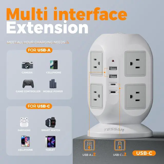 Alt view image 6 of 7 - TESSAN Tower Surge Protector Power Strip, 10 ft Long Flat Extension Cord | 8 AC Outlets with 4 USB Ports (2 USB C), Charging Station with Surge Protection, for Home Office Dorm Room Essentials