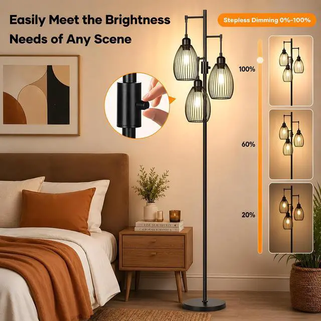 Alt view image 3 of 7 - Dimmable Floor Lamp, 3 x 800LM LED Edison Bulbs Included, Farmhouse Industrial Floor Lamp Standing Tree Lamp with Elegant Teardrop Cage Tall Lamps for Living Room Bedroom Office Dining Room-Black