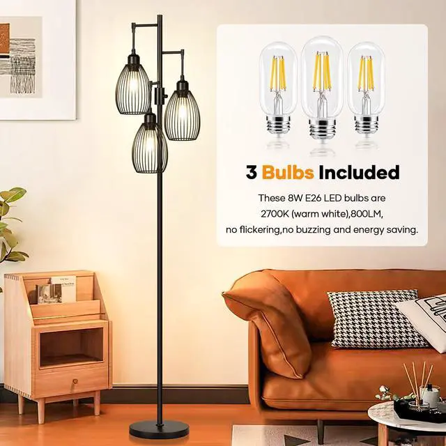 Alt view image 4 of 7 - Dimmable Floor Lamp, 3 x 800LM LED Edison Bulbs Included, Farmhouse Industrial Floor Lamp Standing Tree Lamp with Elegant Teardrop Cage Tall Lamps for Living Room Bedroom Office Dining Room-Black