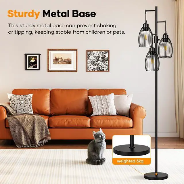 Alt view image 6 of 7 - Dimmable Floor Lamp, 3 x 800LM LED Edison Bulbs Included, Farmhouse Industrial Floor Lamp Standing Tree Lamp with Elegant Teardrop Cage Tall Lamps for Living Room Bedroom Office Dining Room-Black