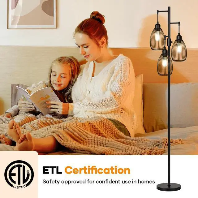 Alt view image 7 of 7 - Dimmable Floor Lamp, 3 x 800LM LED Edison Bulbs Included, Farmhouse Industrial Floor Lamp Standing Tree Lamp with Elegant Teardrop Cage Tall Lamps for Living Room Bedroom Office Dining Room-Black