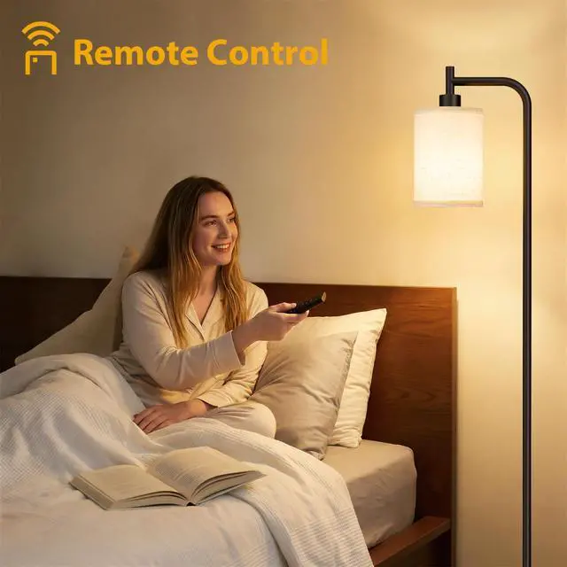 Alt view image 3 of 7 - Ziisee 64" Floor Lamp with Remote Control, Dimmable Tall Standing Lamps for Living Room Bedroom Office Corner, 9W LED Bulb Included, Foot Pedal Switch, Beige Shade Black Pole