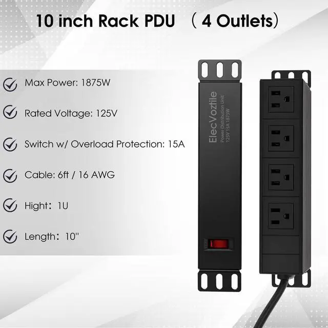 Alt view image 2 of 5 - ElecVoztile 10 inch Rack PDU, 4 Rear Outlets, 15A, 125V, 1875W | 15A Overload Switch, 1U RackMount, 6ft Power Cable