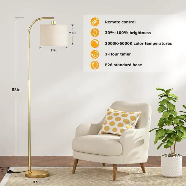 Alt view image 4 of 7 - Ambimall Arc Floor Lamp with Remote and Stepless Dimmable Bulb, Colors Temperature & Brightness Adjustable, Gold Floor Lamps for Living RoomDeep Beige Shade & Gold Pole