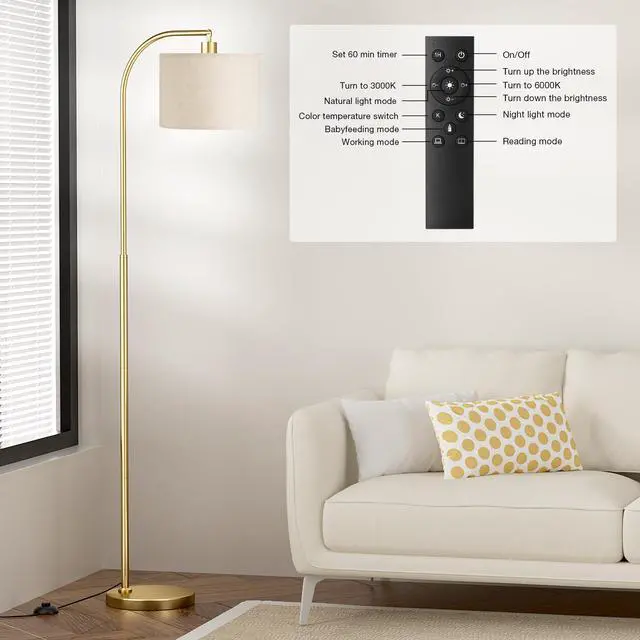 Alt view image 6 of 7 - Ambimall Arc Floor Lamp with Remote and Stepless Dimmable Bulb, Colors Temperature & Brightness Adjustable, Gold Floor Lamps for Living RoomDeep Beige Shade & Gold Pole