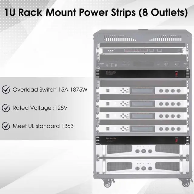Alt view image 2 of 5 - ElecVoztile 8 Outlet Rack Mount PDU Power Strip, 15A, 125V, 1875W | 15A Overload Switch, 6ft 14AWG Cord, 1U RackMount, Rear Plug