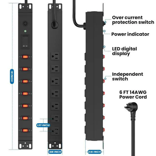 Alt view image 7 of 7 - HHSOET 7 Outlet PDU Power Strip with Digital Display, 1U, Black, 6FT, 1 | 19inch Metal Mountable Outlet Strip with Individual Switch, for Network, Server, Audio Equipment Racks, 1200J