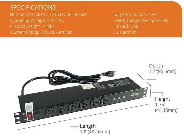 Alt view image 2 of 6 - Tecmojo 1U Rackmount Network-Grade PDU Surge Protector, 12 Outlets (6 Front, 6 Rear Wide Spaced) 12A 6ft Cord with 5-15P Lug - Black, UL Certified