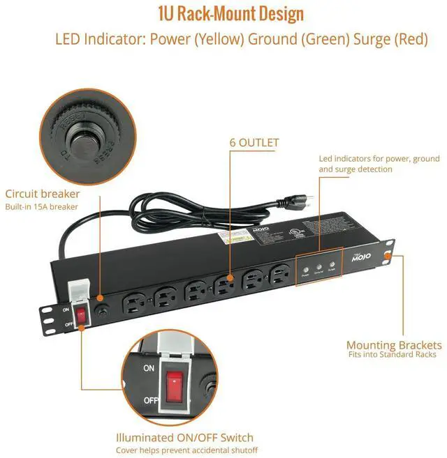 Alt view image 4 of 6 - Tecmojo 1U Rackmount Network-Grade PDU Surge Protector, 12 Outlets (6 Front, 6 Rear Wide Spaced) 12A 6ft Cord with 5-15P Lug - Black, UL Certified