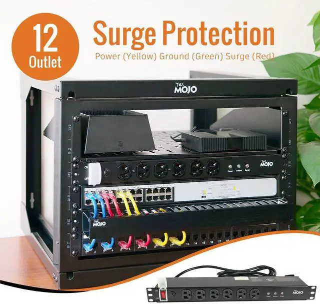 Alt view image 3 of 6 - Tecmojo 1U Rackmount Network-Grade PDU Surge Protector, 12 Outlets (6 Front, 6 Rear Wide Spaced) 12A 6ft Cord with 5-15P Lug - Black, UL Certified