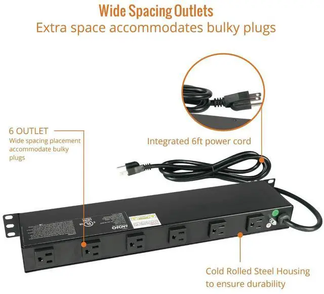 Alt view image 5 of 6 - Tecmojo 1U Rackmount Network-Grade PDU Surge Protector, 12 Outlets (6 Front, 6 Rear Wide Spaced) 12A 6ft Cord with 5-15P Lug - Black, UL Certified