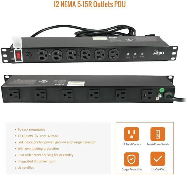 Alt view image 6 of 6 - Tecmojo 1U Rackmount Network-Grade PDU Surge Protector, 12 Outlets (6 Front, 6 Rear Wide Spaced) 12A 6ft Cord with 5-15P Lug - Black, UL Certified