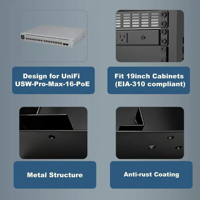 Alt view image 7 of 7 - 19 Inch 1U Metal Rack Mount for UniFi Switch Pro Max 16 PoE, Black Powder-Coated Steel Server Rack Shelf 1U Secure Network Switch Mount with Enhanced Airflow