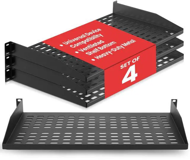 Main image of Pyle 19-Inch 1U Server Rack Shelf - 4 Pcs Vented Metal Shelves for Optimal Airflow, Wall or Rack MountableSupports up to 110 lbs, 17 x 10 Shelf Tray for Cabinets, Computers & Network Equipment