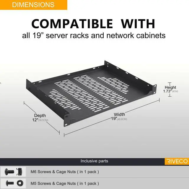 Alt view image 5 of 6 - RIVECO 2 PCS 12 Rack Shelves for 19 inches Network Rack & Cabinets, 1U Rack Mount Shelf Vented Cantilever Tray, for Server, IT & Sound Equipment
