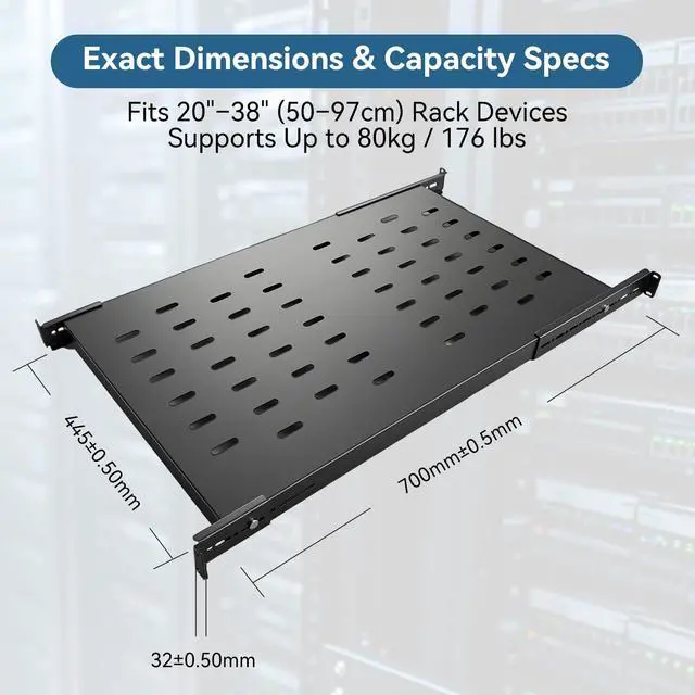 Alt view image 2 of 7 - ZHPHMBM Adjustable 1U Server Rack Shelf 20-38 Inch Depth, Vented Design for 4 Post Computer Racks and Cabinets, 80kg Heavy Duty Load Capacity