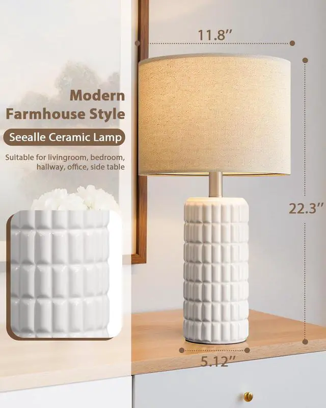 Alt view image 5 of 6 - Seealle 23" Single Modern Ceramic Table Lamp, Nightstand Lamp, White | Lamp for Living Room, Bedroom, Bedside, Night Stands, End Table, Desk, Farmhouse Home Decor