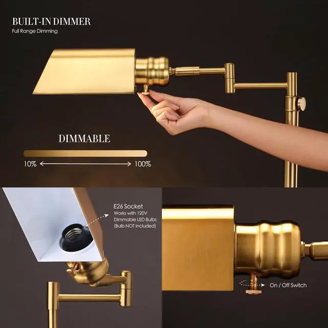 Alt view image 2 of 7 - O'Bright Arcadia Pharmacy Desk Lamp, Antique Brass | E26 Socket, Built-in Dimmer, Full Range Dimming, Adjustable Height, Swing Arm, Rotatable Lampshade, All-Metal Construction