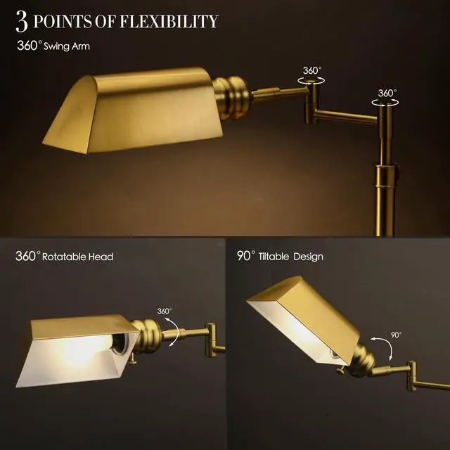 Alt view image 3 of 7 - O'Bright Arcadia Pharmacy Desk Lamp, Antique Brass | E26 Socket, Built-in Dimmer, Full Range Dimming, Adjustable Height, Swing Arm, Rotatable Lampshade, All-Metal Construction