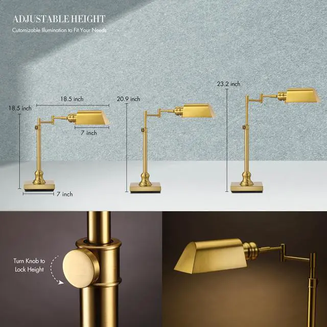 Alt view image 4 of 7 - O'Bright Arcadia Pharmacy Desk Lamp, Antique Brass | E26 Socket, Built-in Dimmer, Full Range Dimming, Adjustable Height, Swing Arm, Rotatable Lampshade, All-Metal Construction