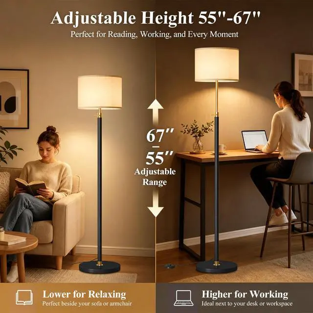 Alt view image 3 of 7 - Floor Lamp Height Adjustable with Remote for Living Room and Bedroom Black | 55"- 67" Height Adjustable Black Standing Lamp with Dimmable 12W LED Bulb - Tall Stand Light with Shade for Corner Lighting
