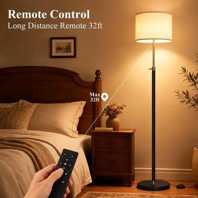 Alt view image 6 of 7 - Floor Lamp Height Adjustable with Remote for Living Room and Bedroom Black | 55"- 67" Height Adjustable Black Standing Lamp with Dimmable 12W LED Bulb - Tall Stand Light with Shade for Corner Lighting