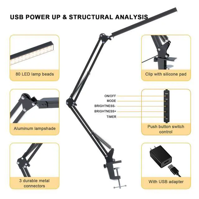 Alt view image 4 of 6 - TROPICALTREE LED Desk Lamp for Home Office and Round Base, Clamp-On with 5 Light Modes & Auto Shut Off | 14W Adjustable Brightness 5000K Eye-Caring Lighting for Study/Bedroom/Computer Desk