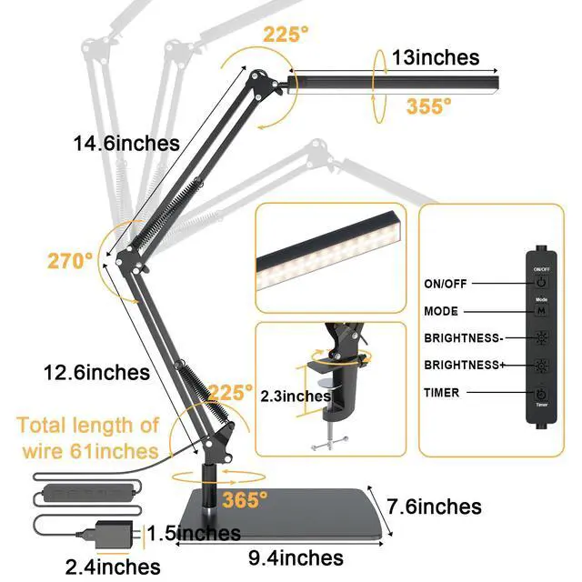 Alt view image 5 of 6 - TROPICALTREE LED Desk Lamp for Home Office and Round Base, Clamp-On with 5 Light Modes & Auto Shut Off | 14W Adjustable Brightness 5000K Eye-Caring Lighting for Study/Bedroom/Computer Desk