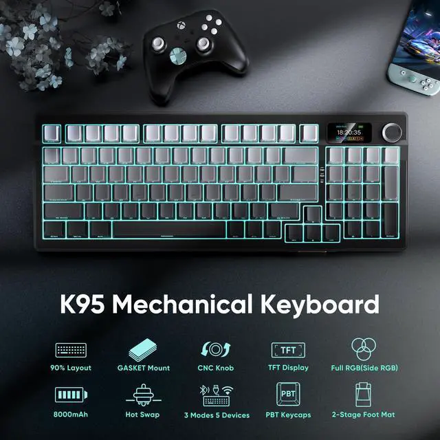Alt view image 2 of 7 - RedThunder K95 Wireless Mechanical Keyboard,TFT Screen & Knob, Trip-Modes Connection, Gasket Custom Hot-Swap Keyboard, RGB Backlit, Pre-lubed Linear Switches, Side Printed PBT Keycaps, Gray Gradient