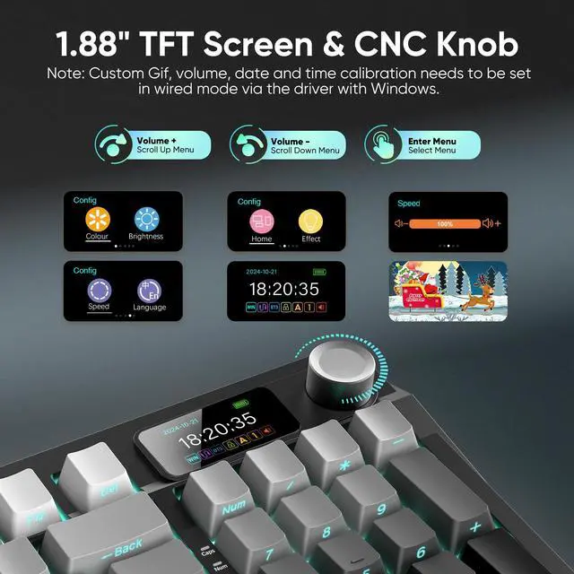 Alt view image 3 of 7 - RedThunder K95 Wireless Mechanical Keyboard,TFT Screen & Knob, Trip-Modes Connection, Gasket Custom Hot-Swap Keyboard, RGB Backlit, Pre-lubed Linear Switches, Side Printed PBT Keycaps, Gray Gradient