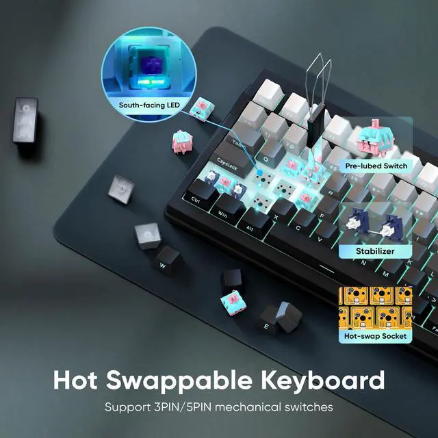 Alt view image 6 of 7 - RedThunder K95 Wireless Mechanical Keyboard,TFT Screen & Knob, Trip-Modes Connection, Gasket Custom Hot-Swap Keyboard, RGB Backlit, Pre-lubed Linear Switches, Side Printed PBT Keycaps, Gray Gradient